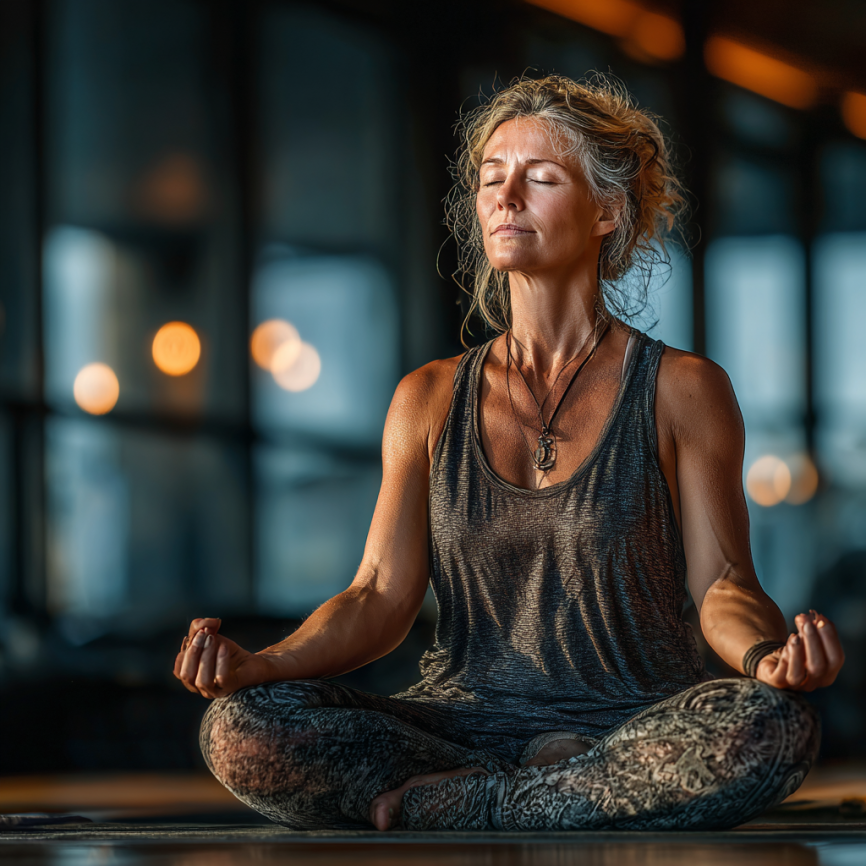 Літня жінка практикує йогу на природі